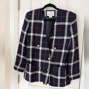 VTG Navy & Pink Plaid Double Breasted Blazer